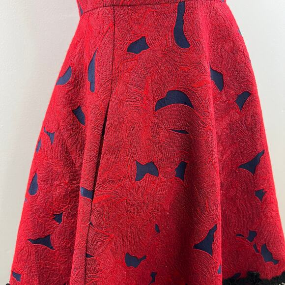 ALBERTO MAKALI Jacquard Fit & Flare Dress Red Blue Sleeveless Lace Trim Size 8 - Picture 8 of 12